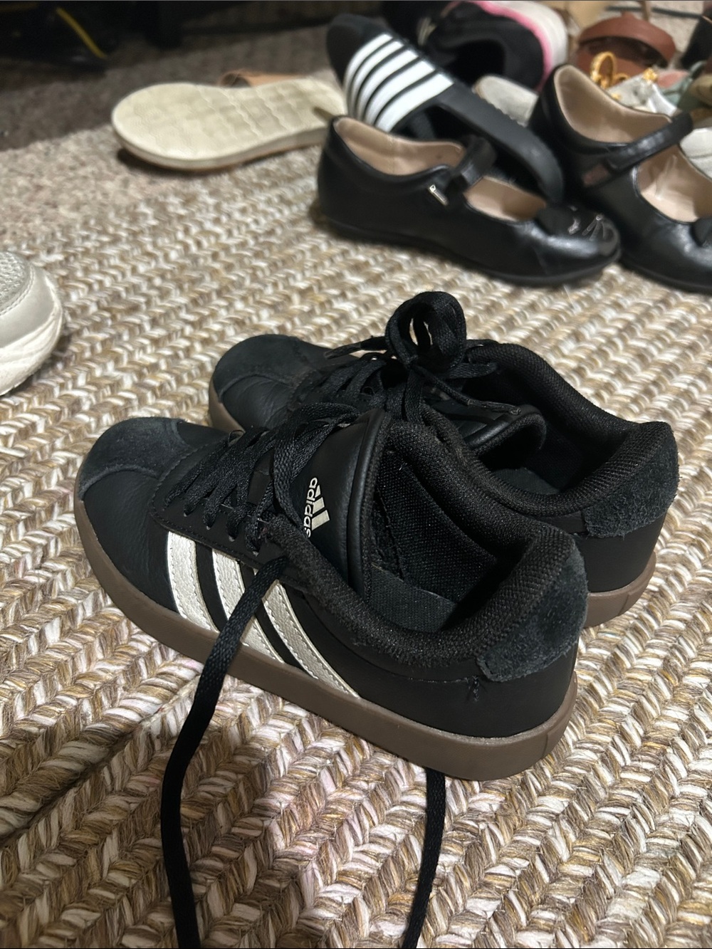 adidas Black Sneakers with White Stripes and Brown Sole